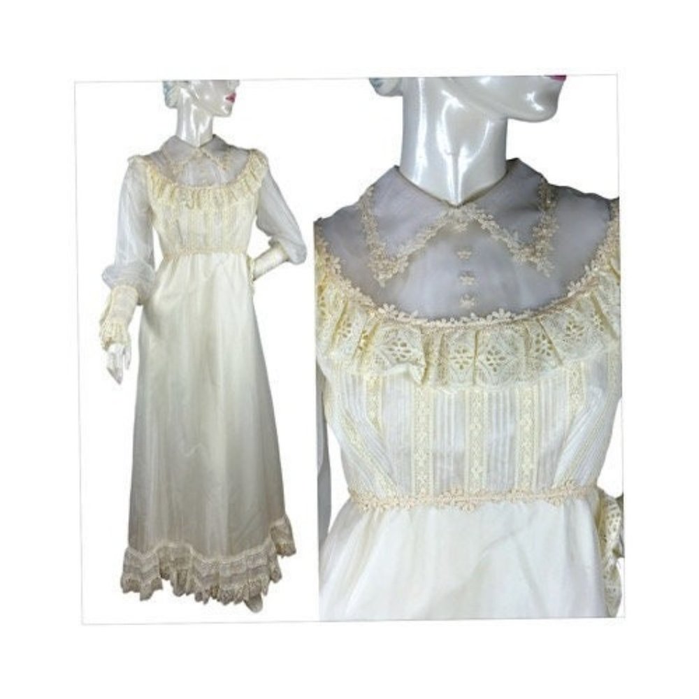 1960s wedding dress maxi dress with bishop sleeves ruffled beaded bodice Size S